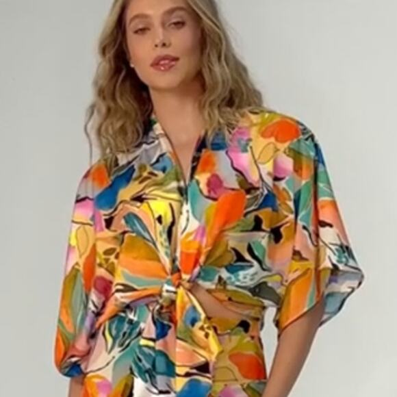 Lavender Brown Adele Tie Front Top Shrug Nude Orange Print #AYL7810N39 Small NEW - Picture 1 of 9